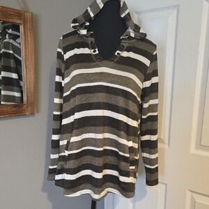 Striped Hooded Pullover in Olive, White, and Dark Gray